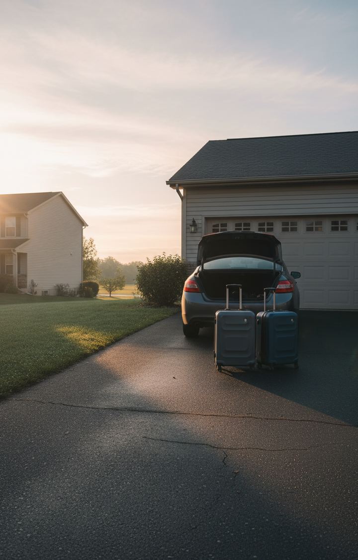 Gray sedan with its trunk open in a suburban driveway at sunrise, two suitcases waiting beside it