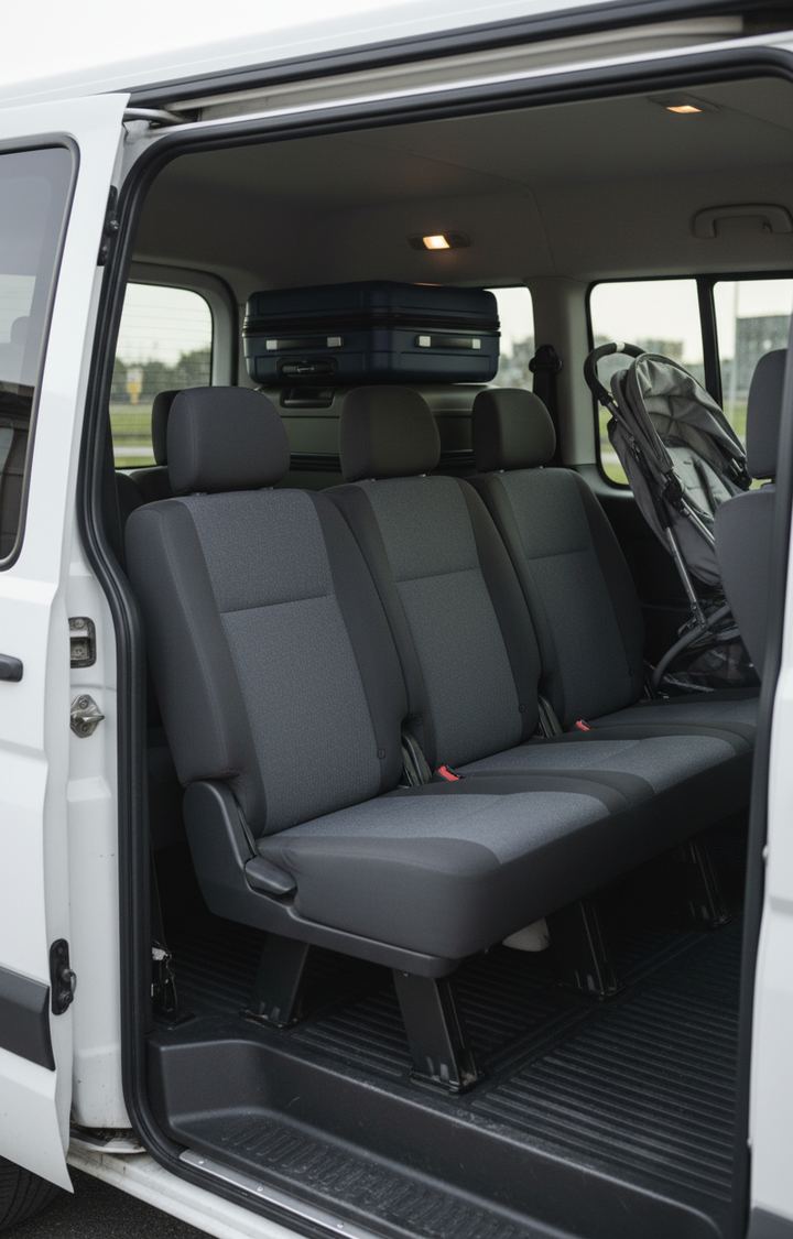 Open sliding door of a white passenger van showing gray bench seats, a stowed suitcase and a folded stroller