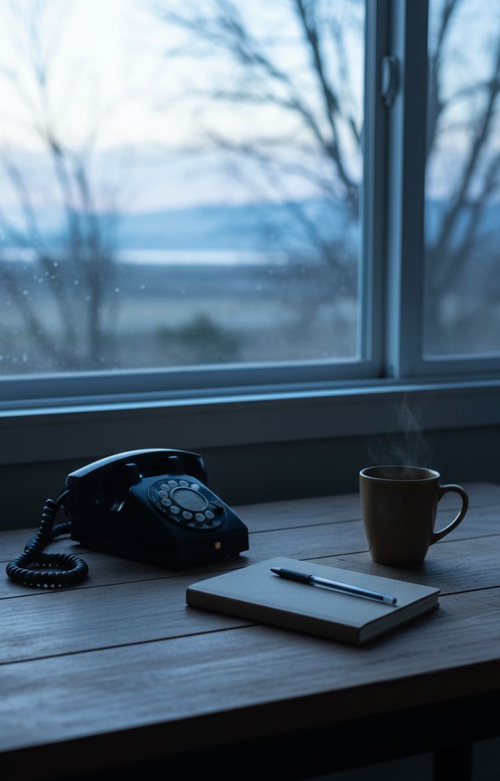 Black rotary telephone, closed notebook with a pen and a steaming mug on a wooden desk beside a rainy window
