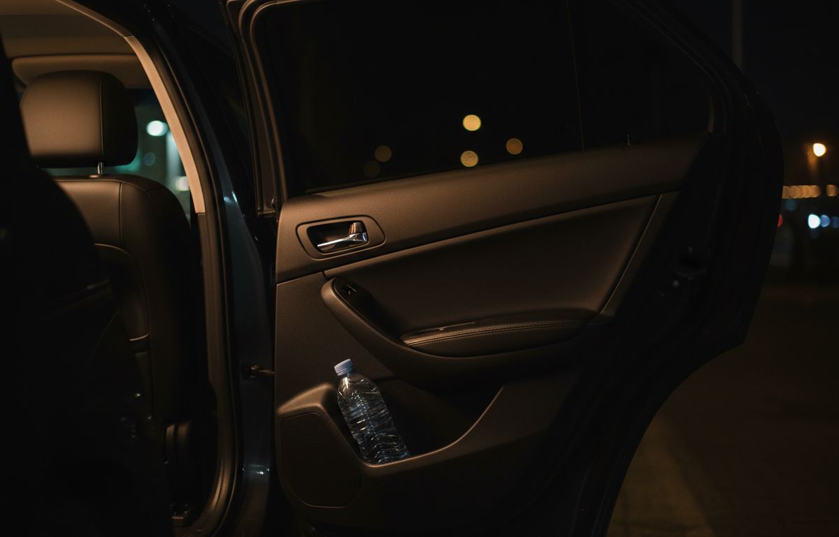 Open rear car door at night showing a leather seat and a water bottle tucked in the door pocket
