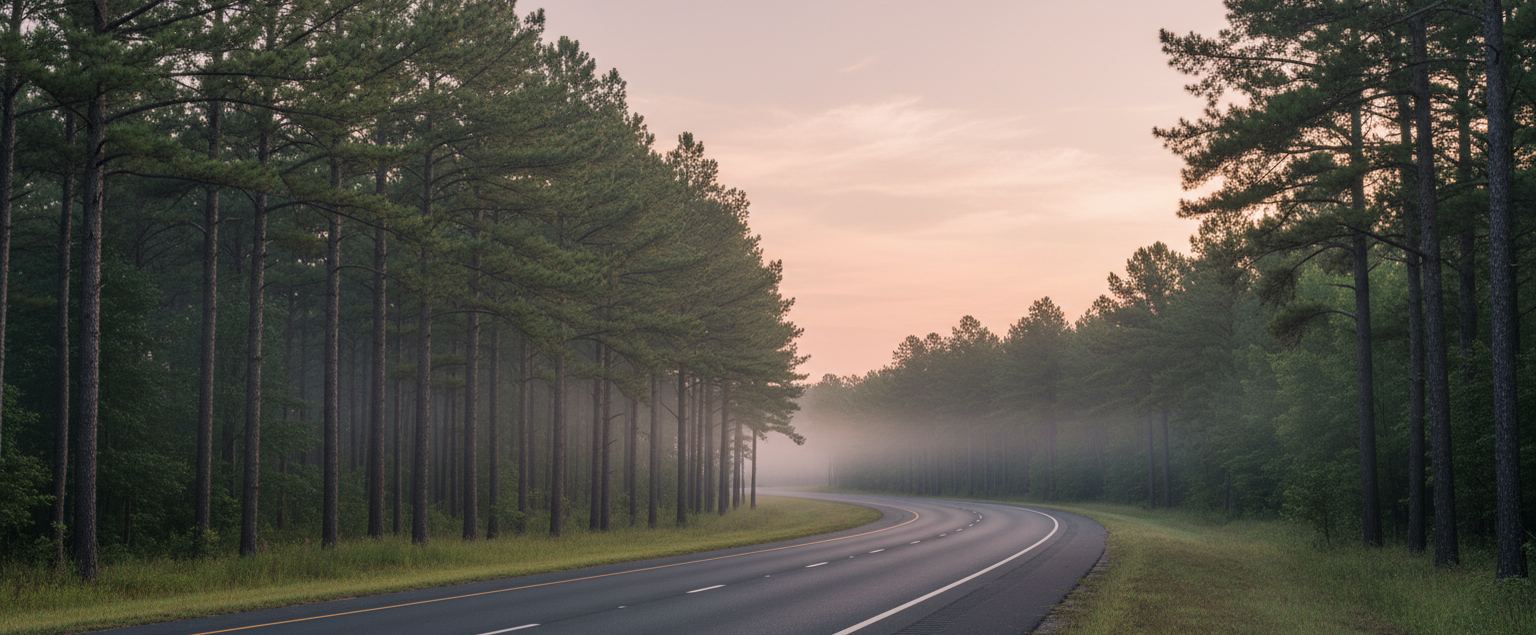 Empty two lane highway curving through tall pine forest at pink dawn with low fog between the trunks
