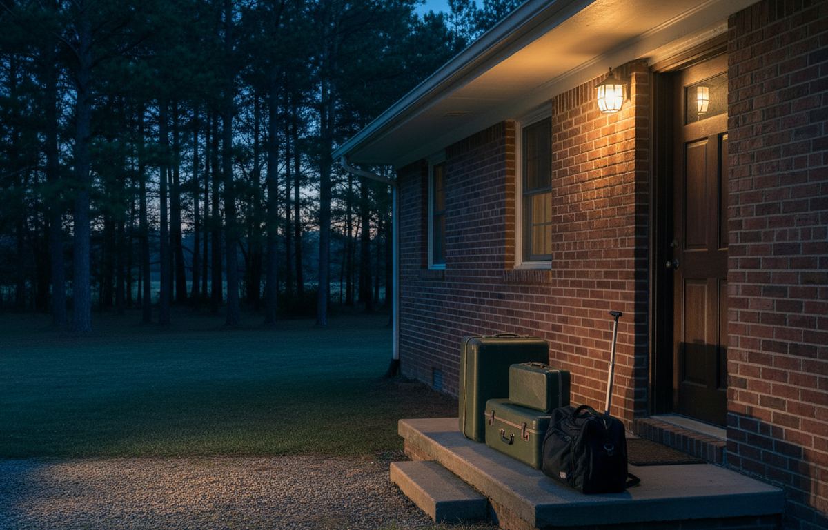 Suitcases and a rolling bag wait on the lit front step of a brick house among tall pines before sunrise