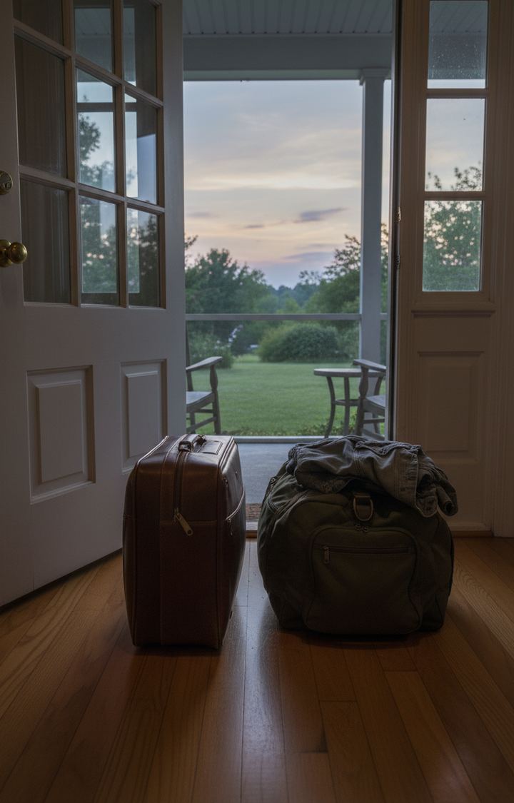 Suitcase and duffel bag inside an open front door looking out onto a porch and lawn at dusk