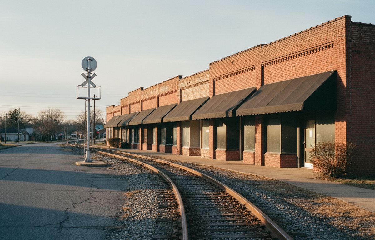 Row of low brick storefronts with dark awnings beside a railroad track and a crossing signal in late sun