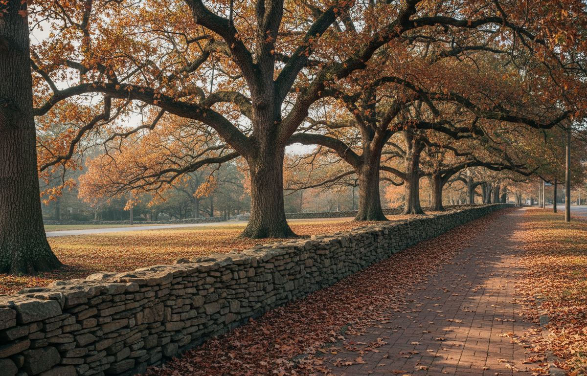 Low stone wall beside a leaf covered brick sidewalk under large oaks in orange autumn color