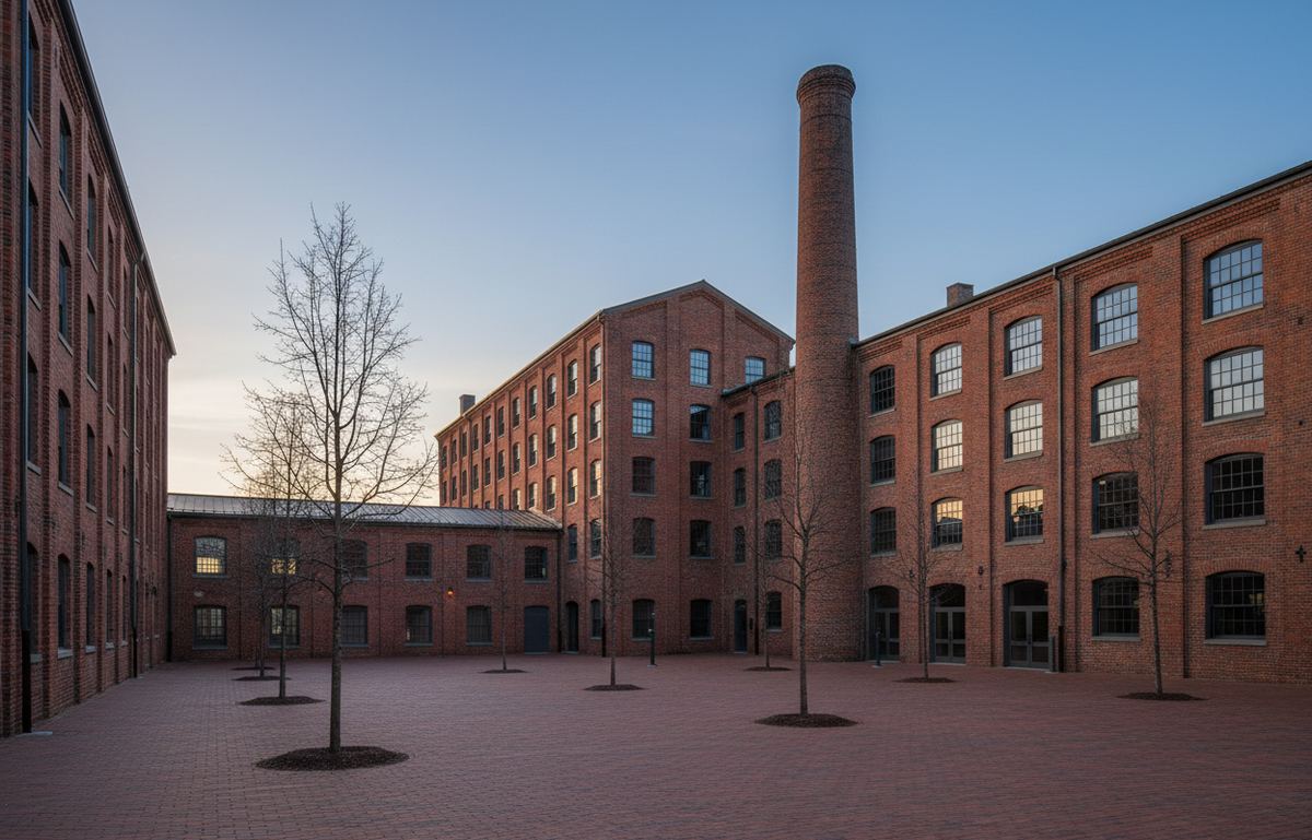 Brick mill buildings with arched windows and a tall brick smokestack around a paved courtyard with young bare trees