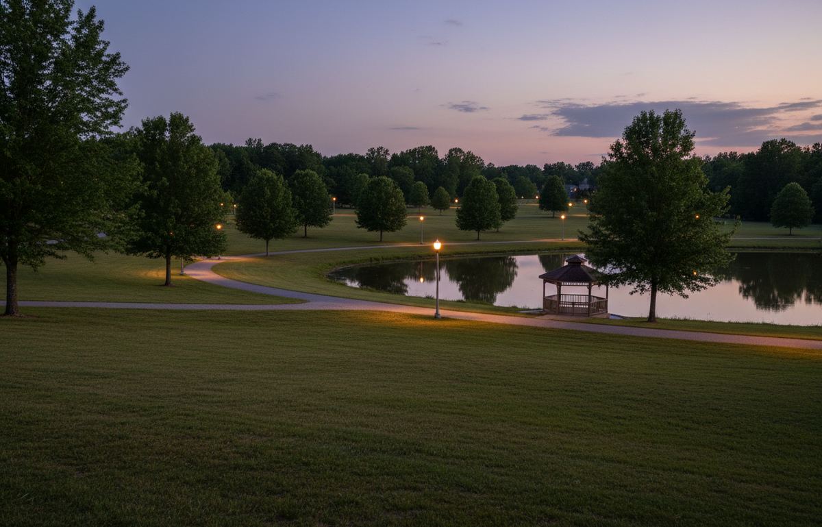 Wooden gazebo beside a pond in a park at dusk, with lit lamp posts along curving paths and mown lawns